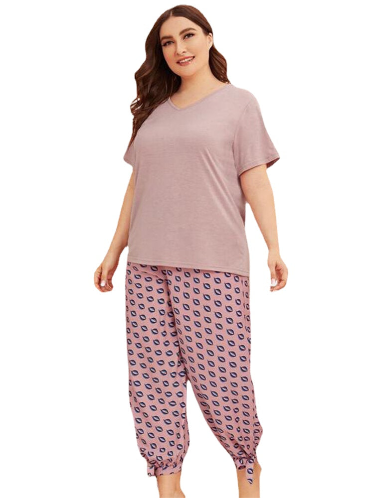 Plus Size Women Solid Color V-Neck Top Print Drawstrig Tie Beam Feet Long Pants Home Pajama Sets