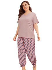 Plus Size Women Solid Color V-Neck Top Print Drawstrig Tie Beam Feet Long Pants Home Pajama Sets