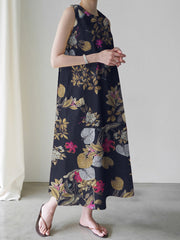 Women Plant Floral Print Sleeveless Loose Maxi Dress With Side Pocket