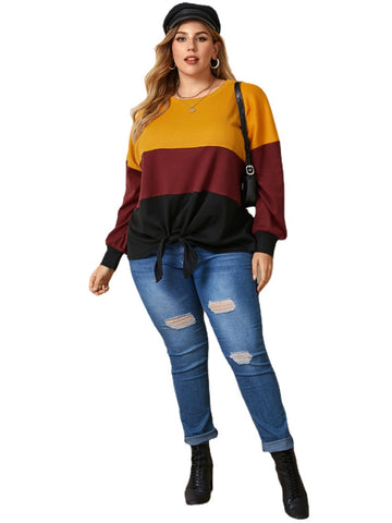 Women Tricolor Color Block Patchwork Waffle Knit Knotted Casual Plus Size Blouse