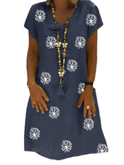 Women Vintage Floral Print V-Neck Casual Short Sleeve Loose Midi Dress