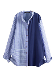 Women Striped Patchwork Stand Collar Button Plus Size Shirts