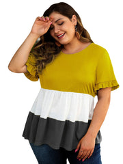 Plus Size Women Hit Color Patchwork Ruffle Sleeve Summer Causal Blouse