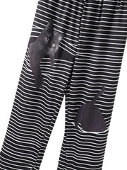 Women Black Cat Print Striped Elastic Waist Plus Size Casual Pants