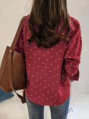 Dot Print Button Long Sleeve Lapel Blouse For Women