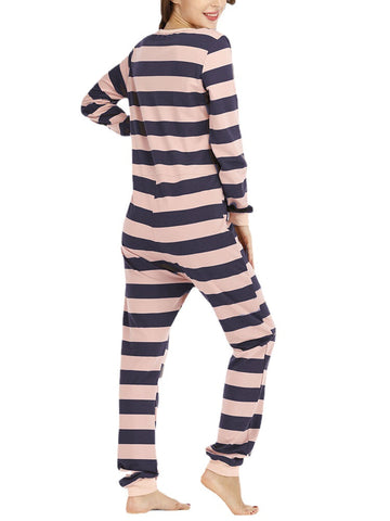 Plus Size Women Classic Stripe Print Round Neck Zipper Long Sleeve Sleepwear Home Rompers