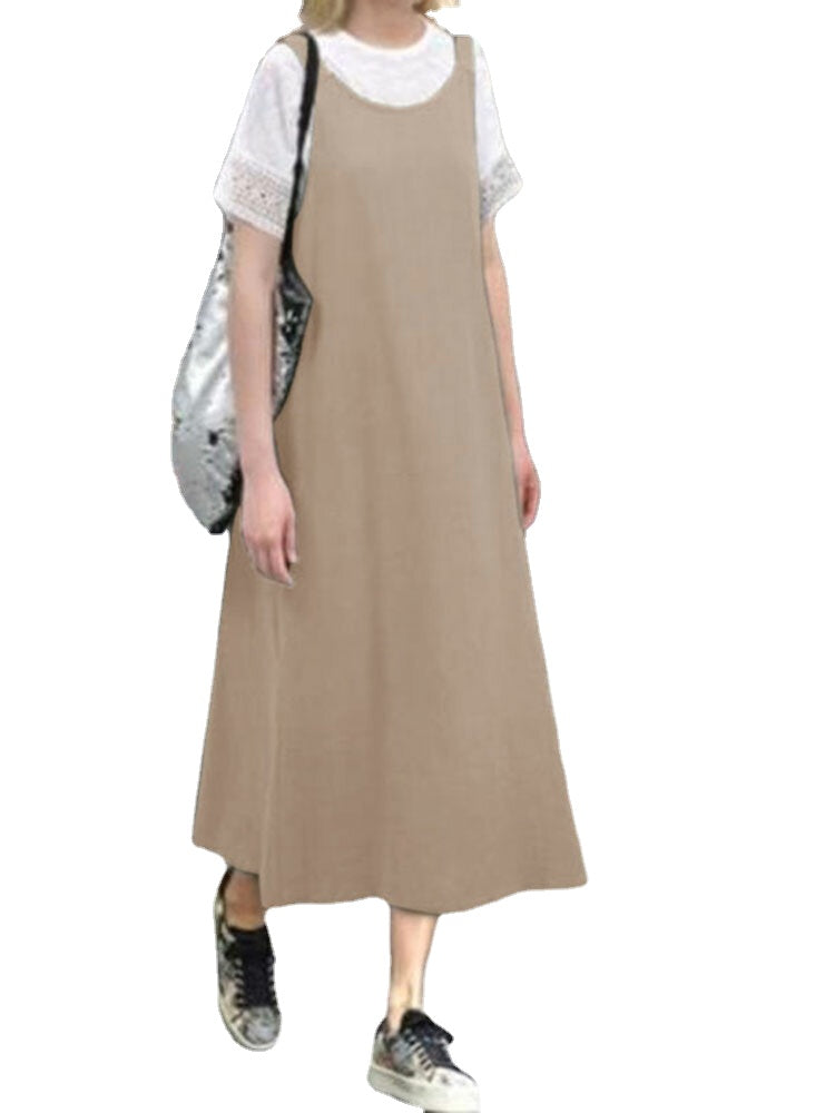 Cotton Solid Sleeveless Ruched Casual Midi Dress