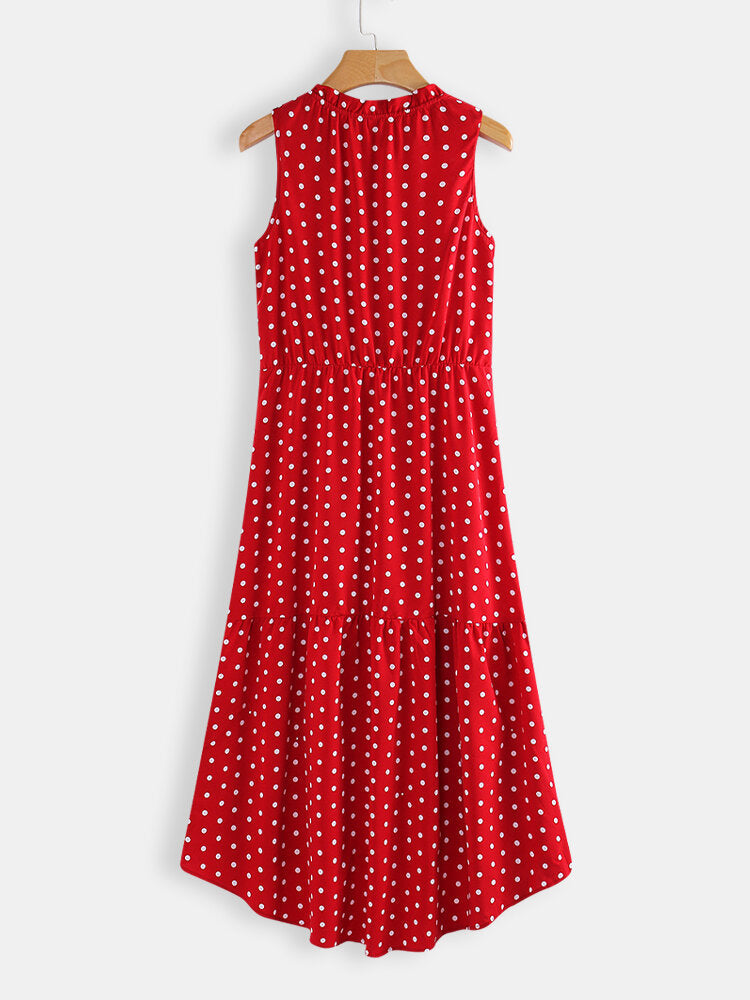 Polka Dot Print Sleeveless High Low Hem High Waist Dress