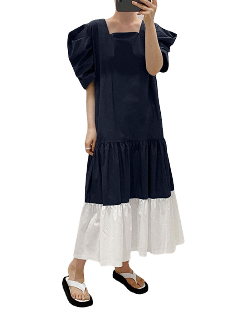 Puff Sleeve Spliced Pleated Solid Loose Summer Dress For Women