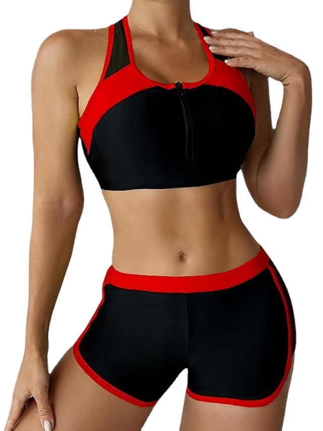 Women's Swimwear Tankini 2 Piece Normal Swimsuit 2 Piece Front Zip Color Block Lake blue White Yellow Red Blue High Neck Bathing Suits Sports Summer