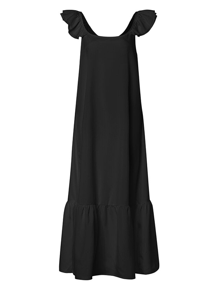 Women A-Line Ruffle Low Cut Sleeveless Maxi Swing Dress