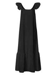 Women A-Line Ruffle Low Cut Sleeveless Maxi Swing Dress