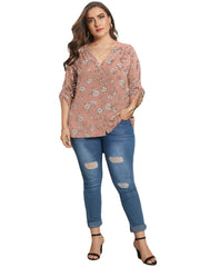 Women V-Neck Floral Print Long Sleeve Plus Size Blouse