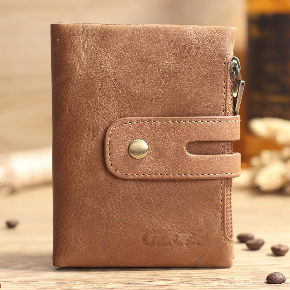 Men Women Retro Genuine Leather Tri-fold Wallet Card Holder Double Zipper