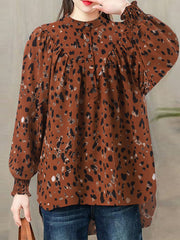 Leopard Print Button Ruched Lantern Sleeve Stand Collar Blouse