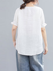 Flower Embroidery Cotton Ruffled Sleeve Round Neck Blouse