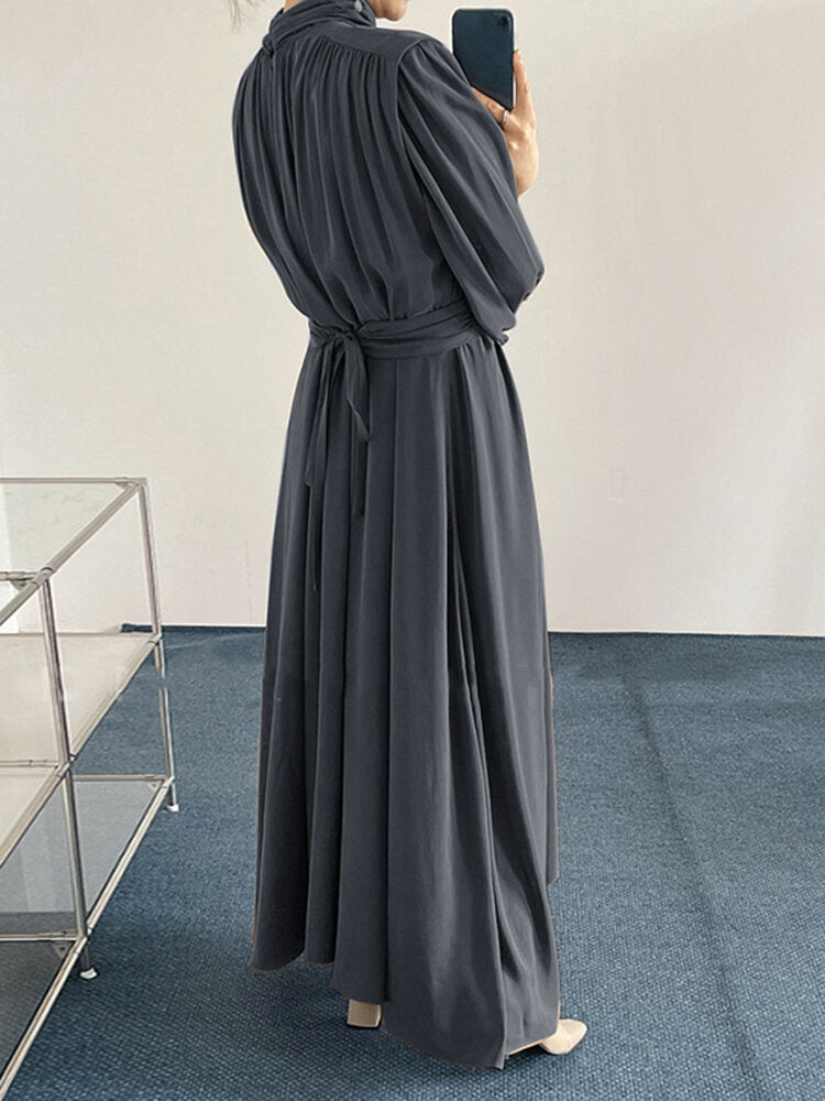 Solid Long Sleeve High Neck Pleated Casual Maxi Dress