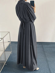 Solid Long Sleeve High Neck Pleated Casual Maxi Dress