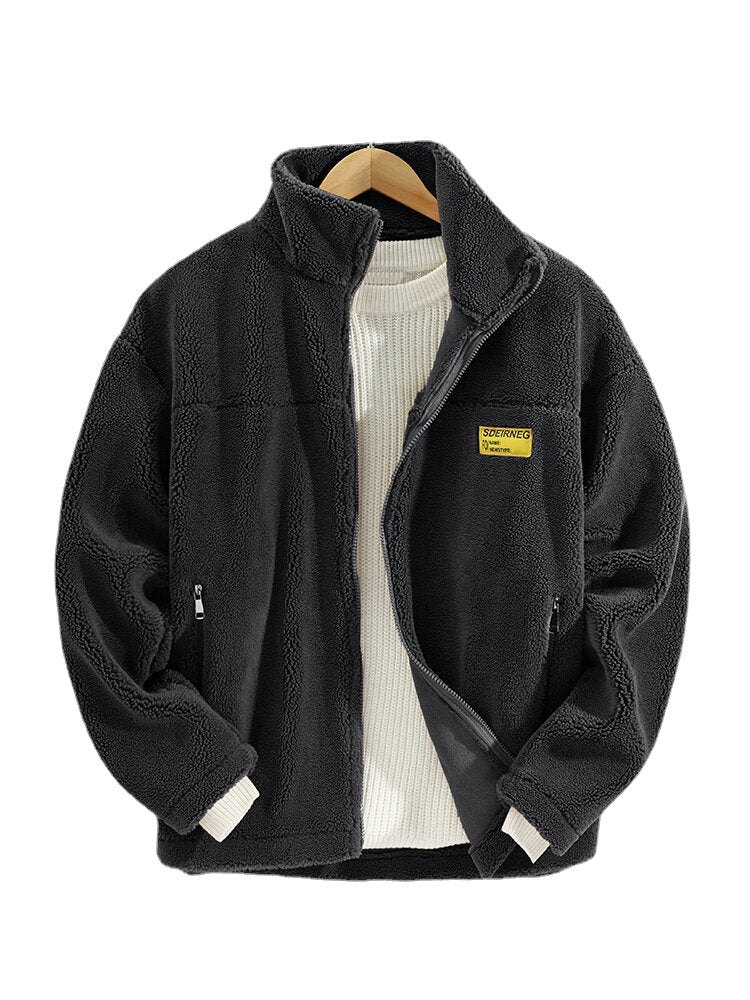 Mens Letter Applique Fleece Warm Plush Thick Jacket With Pocket