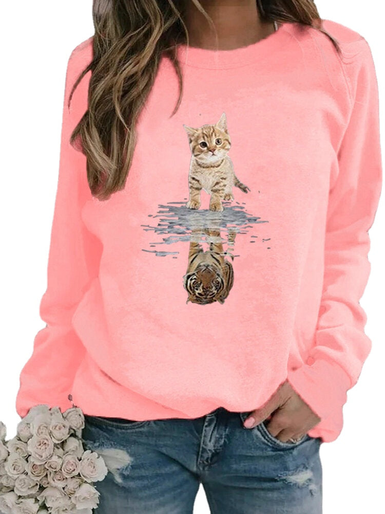 Women Cartoon Animal Cat Print Pullover Long Sleeve Cute Sweatshirts