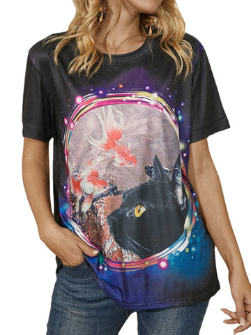 Fish Cat Print O-neck Short Sleeve Casual T-Shirt For Women