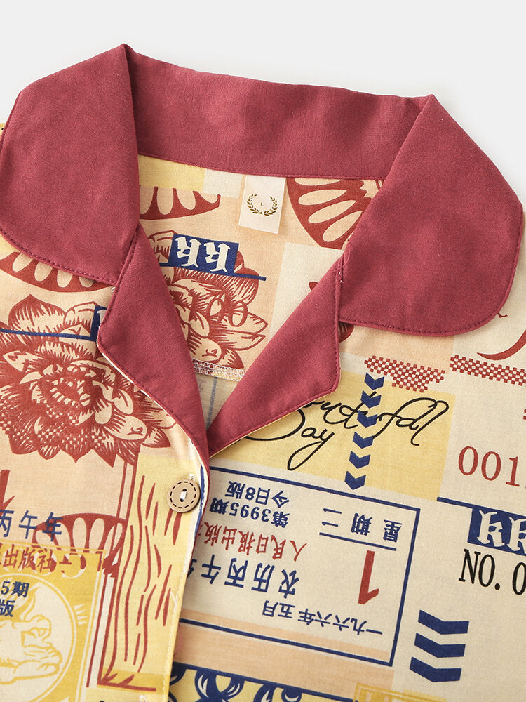 Women's Vintage Chinese Print Cotton Pajama Set - Button Up, Long Sleeve, Elastic Waist