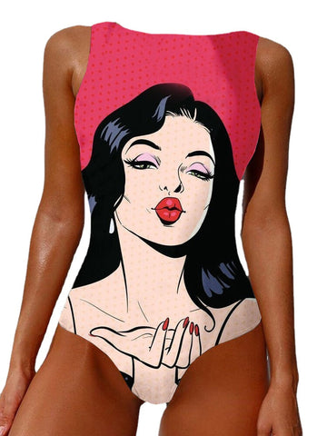 Anime Figure Print O-Neck One Piece High Neck Sleeveless Slimming Swimsuit For Women