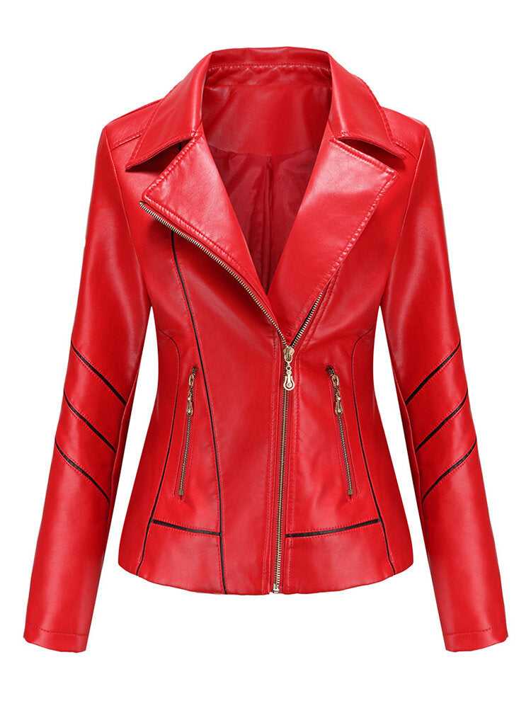 Women Solid Color Faux PU Leather Motorcycle Jacket With Pocket