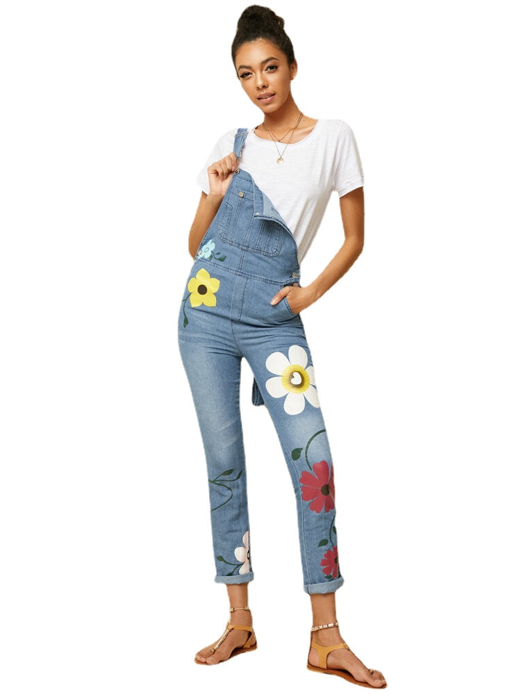 Women Casual Big Flower Print Pockets Denim Jumpsuit