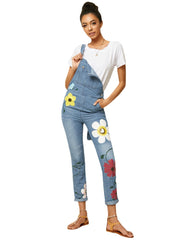 Women Casual Big Flower Print Pockets Denim Jumpsuit