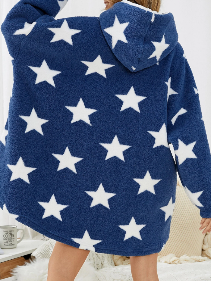 Women Allover Stars Thicken Warm Fleece Loose Home Blanket Hoodie With Kangaroo Pocket