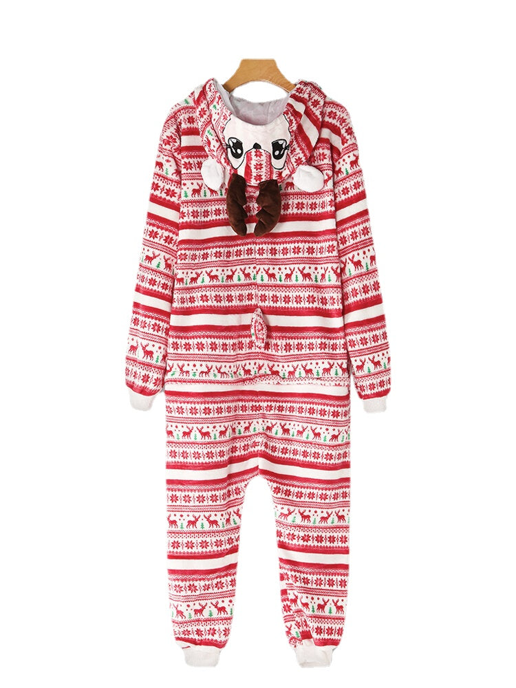 Women's Christmas Elk Print Hooded Jumpsuit with Pockets - Cozy One-Piece