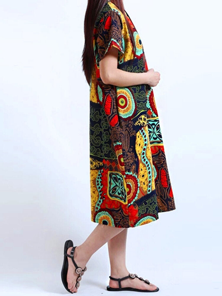 Cotton Women Pattern Printed Short Sleeve O-Neck Dresses