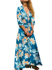 Bohemian Floral Print V-neck Waist Tie Summer Beach Holiday Long Maxi Dress