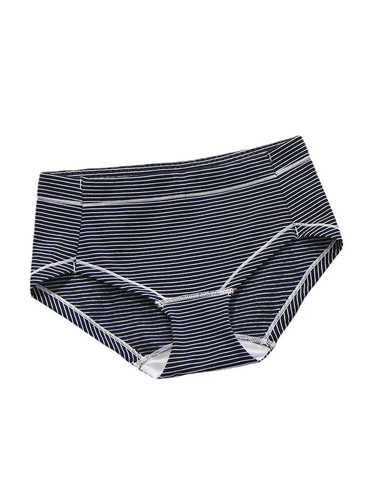 Women Striped Print Cotton Stretch Thin Breathable Seamless Mid Waist Panties