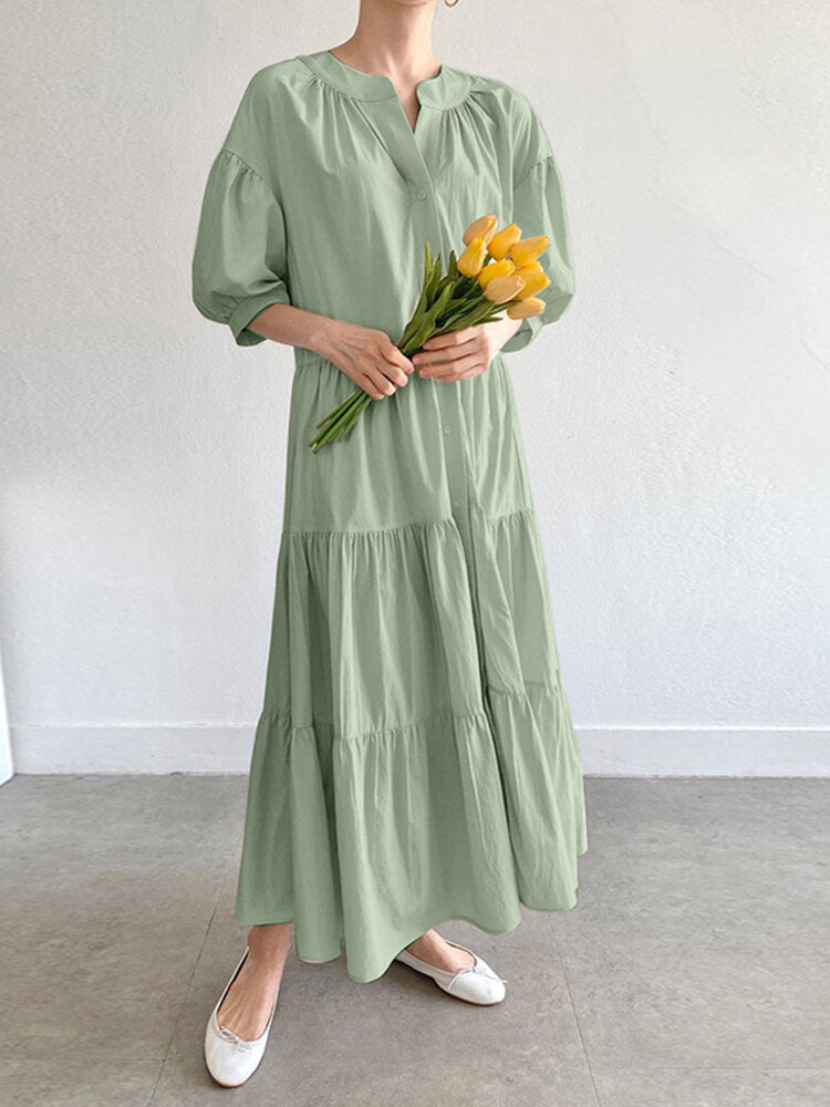 Solid Button Half Sleeve V-neck Loose Casual Maxi Dress