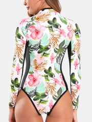 Women Patchwork Floral Print Zip High Neck Long Sleeve Slimming Surfing One Piece Swimwear