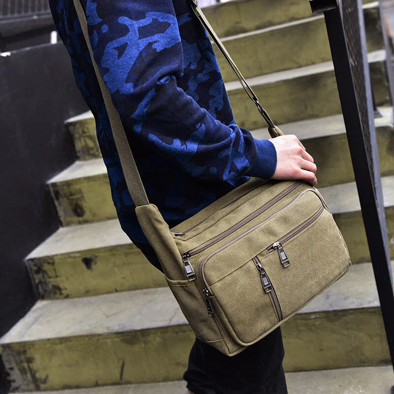 Men's Large Capacity Canvas Crossbody Shoulder Bag - Multi-layer Casual Design
