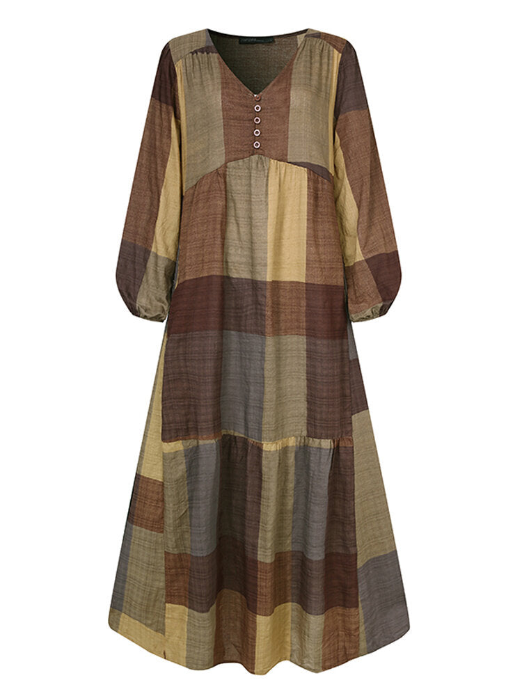 Women Plaid Print V-Neck Button Long Sleeve Vintage Maxi Dresses With Pocket