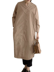 Women Long Sleeve Shirt Dress Solid Color Calf Length V-Neck Long Sleeve Midi Dresses