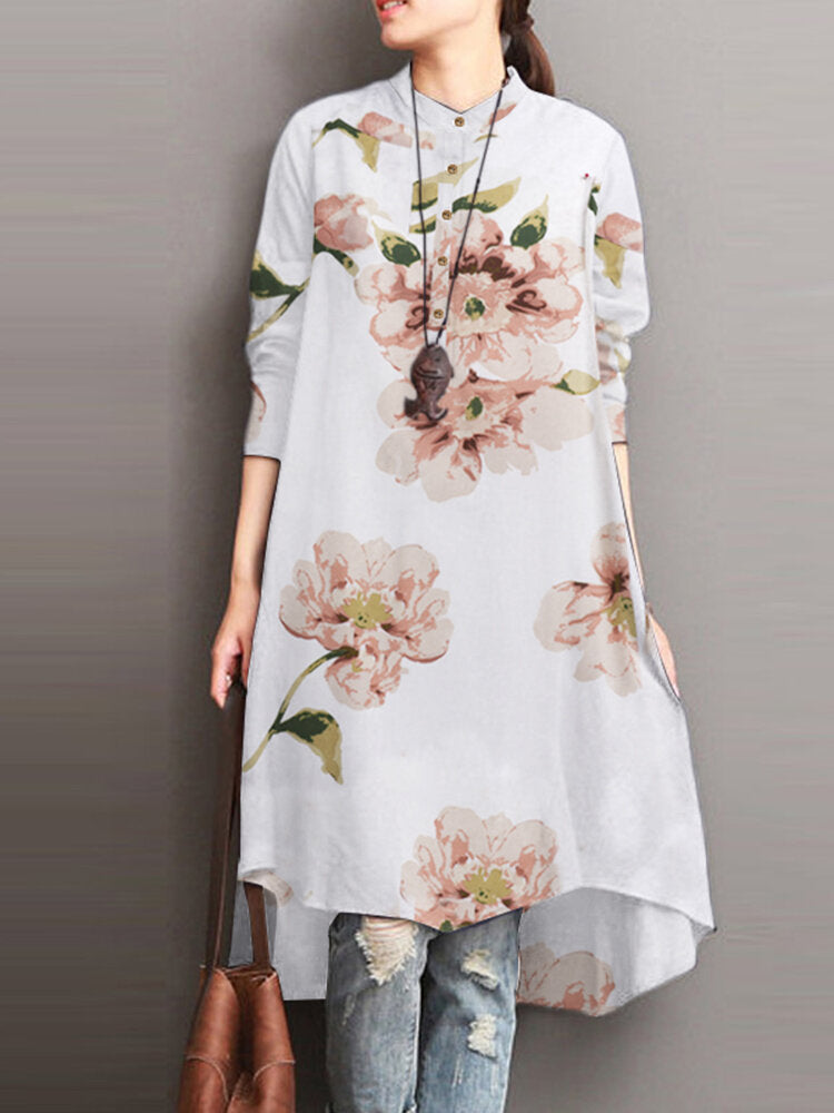Flower Print Button Loose Stand Collar Midi Dress