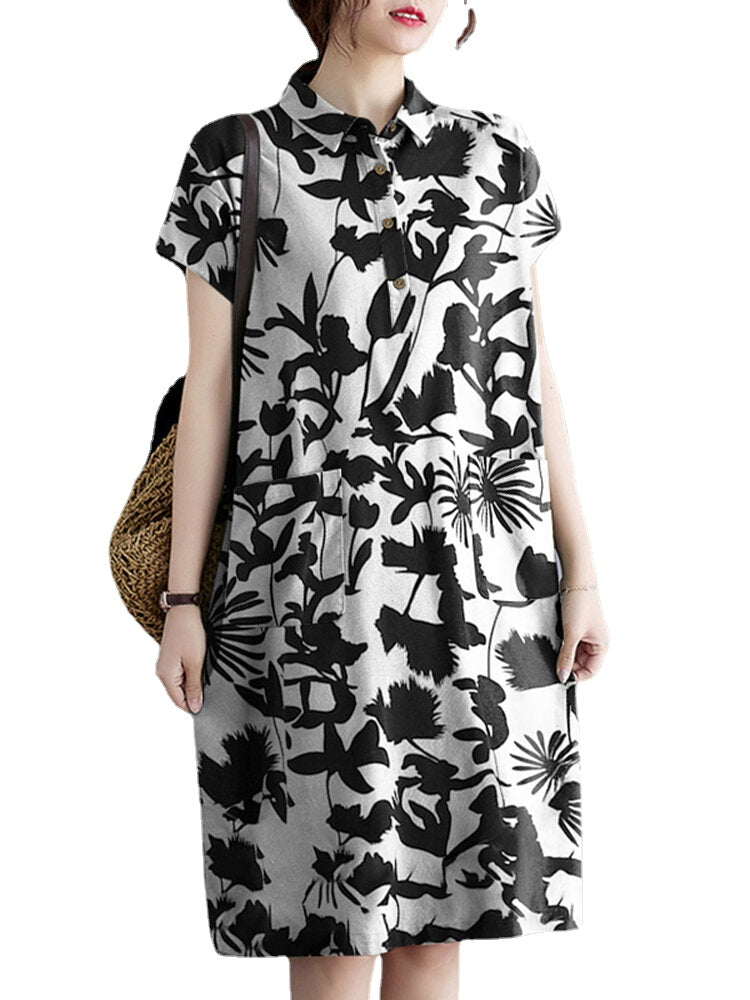 Plant Print Lapel Button Pocket Casual Midi Print Dress