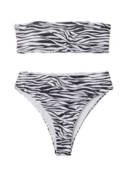 Women Animal Print Bandeau Backless Bikini Thong Swimsuit