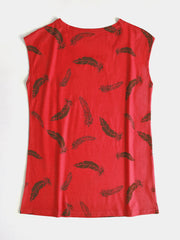 Feather Print Round Neck Sleeveless Loose Women Casual Tank Top