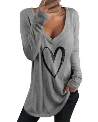 Casual Loose Love Printed V Neck Long Sleeves T-shirts For Women