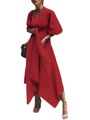 Women 3/4 Sleeve Asymmetrical Midi Shirt Casual Belted Long Dress