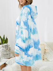 Women Sky Landscape Print Pouch Pocket Reversible Blanket Hoodie Warm Thicken Oversized Homewear