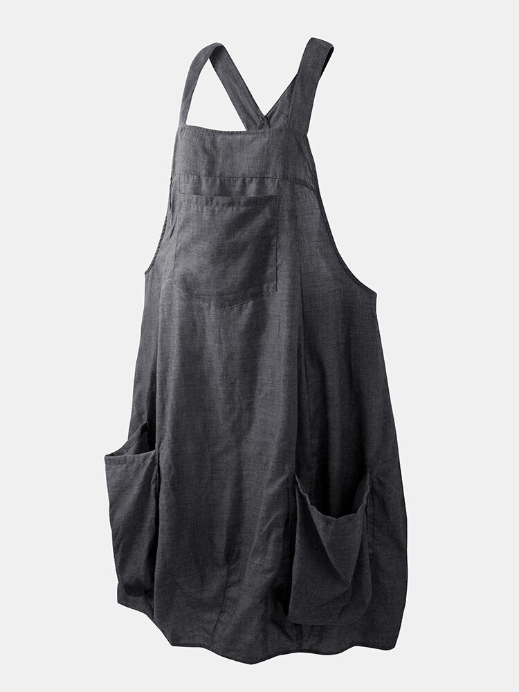 Women Straps Sleeveless Back Cross Pocket Dress Overalls