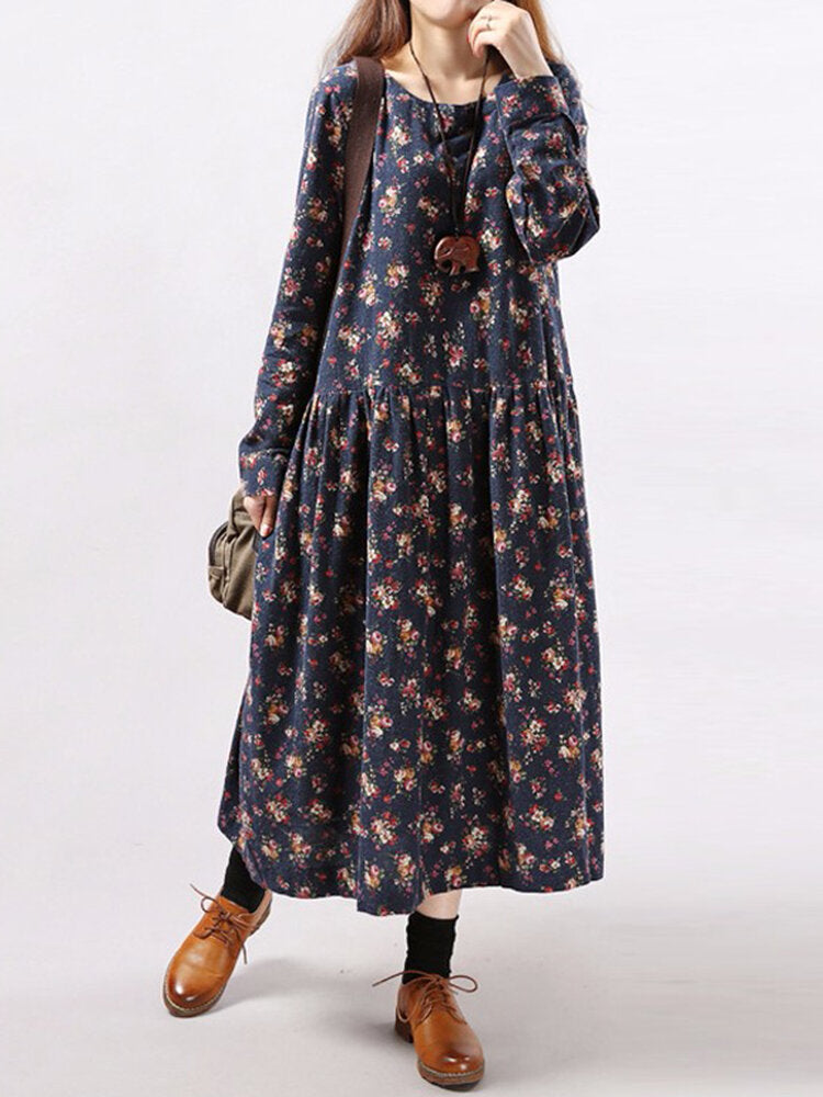 Women Floral Printed Pleated Long Sleeve Maxi Dresses