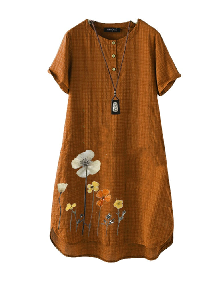 Women Flower Print High-LowHem Short Sleeve Casual Dress